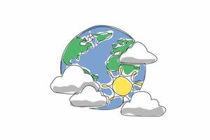 Single one line drawing the globe surrounded by several clouds and the sun. Experts predict the rainy season has not yet arrived. World Meteorological Day. Continuous line design graphic illustration vector