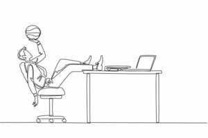 Single continuous line drawing businessman sitting back lazily holding basketball. Don't care about the amount of work. Exercising. Playing. National Goof Off Day. One line design illustration vector