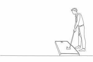 Continuous one line drawing businessman in tie playing mini golf in room. Work can be done later. Today is a play day at the office. National Goof Off Day. Single line draw design illustration vector