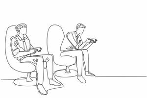 Single continuous line drawing two business men holding wireless game console sticks. Playing football games at the office. Lazy day at work. National Goof Off Day. One line design illustration vector