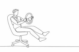 Continuous one line drawing a businessman sit on office chair playing with the steering wheel. Latest car racing game. Lazy day. National Goof Off Day. Single line draw design illustration vector