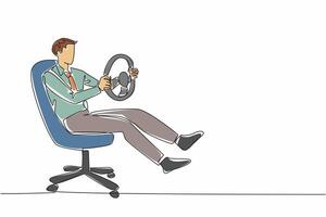 Continuous one line drawing a businessman sit on office chair playing with the steering wheel. Latest car racing game. Lazy day. National Goof Off Day. Single line draw design illustration vector