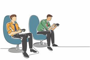 Single continuous line drawing two business men holding wireless game console sticks. Playing football games at the office. Lazy day at work. National Goof Off Day. One line design illustration vector