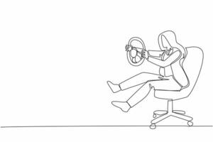 Single one line drawing businesswoman sit on chair playing with car steering wheel. Holiday alone. Very lazy to activities in office. National Goof Off Day. Continuous line design graphic illustration vector