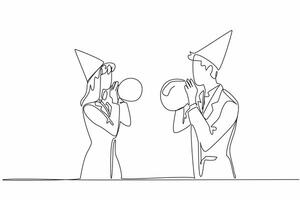 Single one line drawing businessman and businesswoman wearing party hats blowing up balloons. Top priority is celebration, not work. National Goof Off Day. Continuous line design graphic illustration vector
