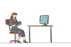 Continuous one line drawing businesswoman wearing headphones and using keyboard as guitar. Take advantage of the time to laze around. National Goof Off Day. Single line draw design illustration vector