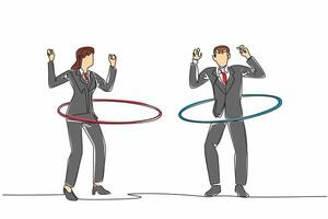 Single one line drawing businessman and businesswoman playing hula hoop. Ignore the piling work. Laze around playing in the office. National Goof Off Day. Continuous line design graphic illustration vector