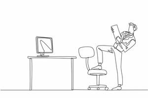 Single continuous line drawing businessman wearing headphones and using keyboard like guitar. Hidden desires. Prioritize hobbies, not work. National Goof Off Day. One line design illustration vector
