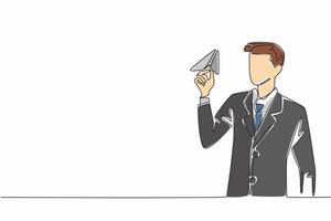 Single continuous line drawing businessman hold paper airplane and preparing to fly it. Childhood nostalgia is a great excuse to laze around. National Goof Off Day. One line design illustration vector