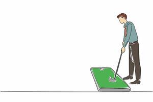 Continuous one line drawing businessman in tie playing mini golf in room. Work can be done later. Today is a play day at the office. National Goof Off Day. Single line draw design illustration vector
