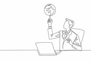 Single continuous line drawing businessman sitting in office chair spinning basketball on his finger. Forgetting work to play basketball. National Goof Off Day. One line design illustration vector