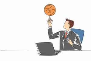 Single continuous line drawing businessman sitting in office chair spinning basketball on his finger. Forgetting work to play basketball. National Goof Off Day. One line design illustration vector