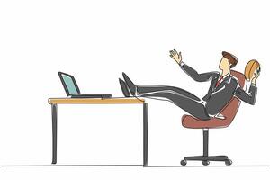 Continuous one line drawing businessman sitting lazily playing rugby ball. Watch streaming via laptop. Today's activities. Not work. National Goof Off Day. Single line draw design illustration vector
