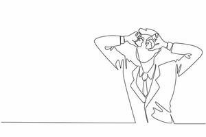 Single one line drawing businessman holds duck dolls in each hand and places them on his eyes. Joking. Relaxing. Lazy to work. Play. National Goof Off Day. Continuous line design graphic illustration vector