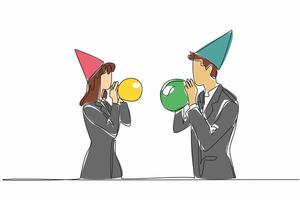 Single one line drawing businessman and businesswoman wearing party hats blowing up balloons. Top priority is celebration, not work. National Goof Off Day. Continuous line design graphic illustration vector