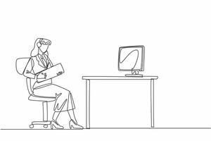 Continuous one line drawing businesswoman wearing headphones and using keyboard as guitar. Take advantage of the time to laze around. National Goof Off Day. Single line draw design illustration vector