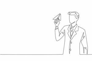 Single continuous line drawing businessman hold paper airplane and preparing to fly it. Childhood nostalgia is a great excuse to laze around. National Goof Off Day. One line design illustration vector