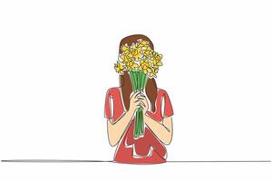 Single one line drawing woman holding bouquet of daffodils with both hands. Blushing embarrassed covered the face. Plants have many benefits. Daffodil Day. Continuous line design graphic illustration vector
