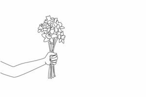 Single continuous line drawing hands holding several stalks of daffodil flower. Poisonous plants that also have many benefits. Like two sides of coin. Daffodil Day. One line design illustration vector
