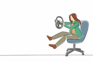 Single one line drawing businesswoman sit on chair playing with car steering wheel. Holiday alone. Very lazy to activities in office. National Goof Off Day. Continuous line design graphic illustration vector