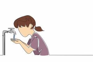 Continuous one line drawing girl holds and inhales water with her palms. The water source is getting closer. No anxiety. Full of happiness. World Water Day. Single line draw design illustration vector