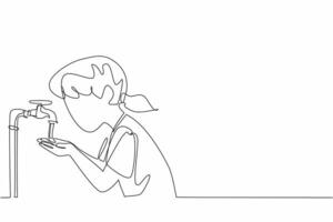 Continuous one line drawing girl holds and inhales water with her palms. The water source is getting closer. No anxiety. Full of happiness. World Water Day. Single line draw design illustration vector
