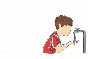 Single continuous line drawing little boy holds and inhales water with his palms. Feel the coolness. There is no longer any drought. Water flow. World Water Day. One line design illustration vector