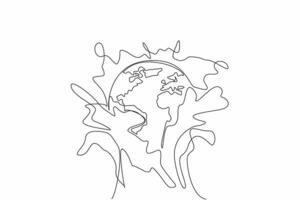 Single continuous line drawing globe hit by water splash from below. A metaphor. Should care more about protecting the environment. For future. World Water Day. One line design illustration vector