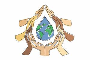 Single one line drawing series of hands forming water drop. Keep the water clean. Without contamination. Water is the source of life. World Water Day. Continuous line design graphic illustration vector