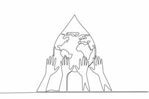 Continuous one line drawing some hands holding water drop. Must continue to maintain the purity of water. Cooperate with each other. Save. World Water Day. Single line draw design illustration vector