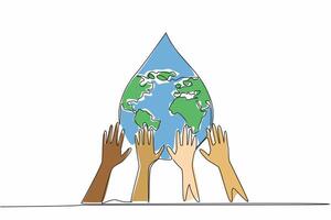 Continuous one line drawing some hands holding water drop. Must continue to maintain the purity of water. Cooperate with each other. Save. World Water Day. Single line draw design illustration vector