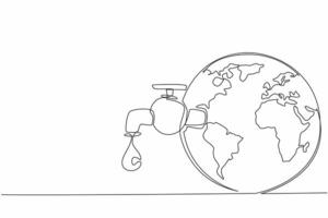 Single one line drawing the faucet is attached to the globe and drips water. Make the most of the purity of the water. Cant be wasteful. World Water Day. Continuous line design graphic illustration vector