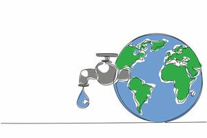 Single one line drawing the faucet is attached to the globe and drips water. Make the most of the purity of the water. Cant be wasteful. World Water Day. Continuous line design graphic illustration vector
