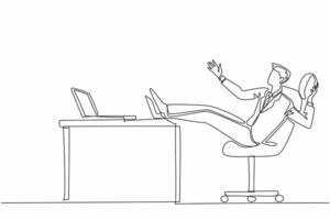 Continuous one line drawing businessman sitting lazily playing rugby ball. Watch streaming via laptop. Today's activities. Not work. National Goof Off Day. Single line draw design illustration vector