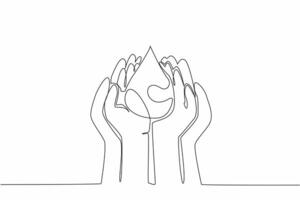 Single continuous line drawing child and adult palms pressed together to catch water. Teaching early awareness of the environment. Save water. World Water Day. One line design illustration vector