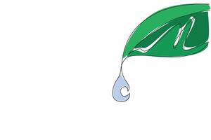 Continuous one line drawing water drop from a leaf. Purity of rainwater. Fertilizes plants. Eliminates drought. Balance of nature. Dew. World Water Day. Single line draw design illustration vector