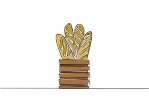 Continuous one line drawing French bread in a wooden basket covered with cloth. Displaying baguettes. Bakery. Dishes. Delicious. National French Bread Day. Single line draw design illustration vector