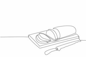 Single one line drawing French bread with the ends cut off on a cutting board. Chef prepares a baguette tester slice. Customer. National French Bread Day. Continuous line design graphic illustration vector