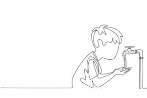 Single continuous line drawing little boy holds and inhales water with his palms. Feel the coolness. There is no longer any drought. Water flow. World Water Day. One line design illustration vector