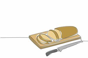 Single one line drawing French bread with the ends cut off on a cutting board. Chef prepares a baguette tester slice. Customer. National French Bread Day. Continuous line design graphic illustration vector