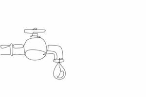Single one line drawing water drop coming out of the water tap. Metaphor. Lifestyle threatens the world to be hit by drought. Save water. World Water Day. Continuous line design graphic illustration vector