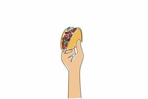 Single one line drawing hand holding a delicious taco from below. Crispy. Perfect blend of filling and tortilla. Cheesy. Tasty. National Crunchy Taco Day. Continuous line design graphic illustration vector