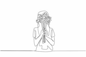Single one line drawing woman holding bouquet of daffodils with both hands. Blushing embarrassed covered the face. Plants have many benefits. Daffodil Day. Continuous line design graphic illustration vector