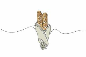 Continuous one line drawing two pieces of french bread, half of bread covered in cloth. Baguettes will be brought for provisions. National French Bread Day. Single line draw design illustration vector