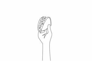 Single one line drawing hand holding a delicious taco from below. Crispy. Perfect blend of filling and tortilla. Cheesy. Tasty. National Crunchy Taco Day. Continuous line design graphic illustration vector