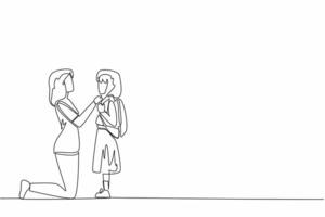 Single continuous line drawing mother kneeling buttoning daughter's shirt. Help prepare for going to school. Without ulterior motives. National Single Parent Day. One line design illustration vector
