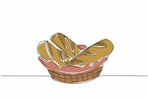 Single continuous line drawing three pieces of french bread in wicker basket lined with cloth. Pleasing presentation of baguette display. National French Bread Day. One line design illustration vector