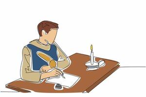 Single continuous line drawing man in medieval clothes writing on old paper. Writing rhyming poems. Writing metaphors with implied meanings. World Poetry Day. One line design illustration vector