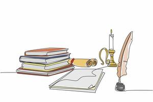 Continuous one line drawing of stack of books, sheets of paper, rolls of paper in one frame. Classical era writing instrument. Quill. World Poetry Day. Single line draw design illustration vector