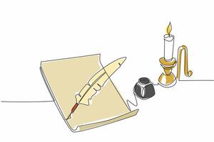 Single continuous line drawing a sheet of paper with quill. There is an inkwell to make writing easier. Recording culture through light language. World Poetry Day. One line design illustration vector